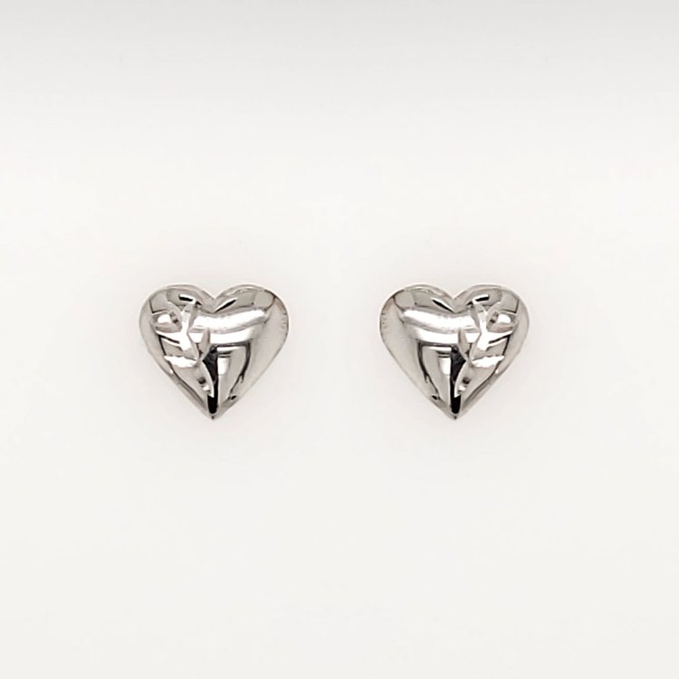 38131 14K WHITE GOLD DIAMOND CUT FLAT PUFFY HEART KIDS STUDS