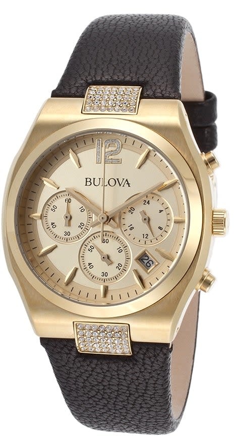 042429516816 LADIES BULOVA BLACK LEATHER WITH GOLDTONE CRYSTAL BEZEL WITH CHRONOGRAPH