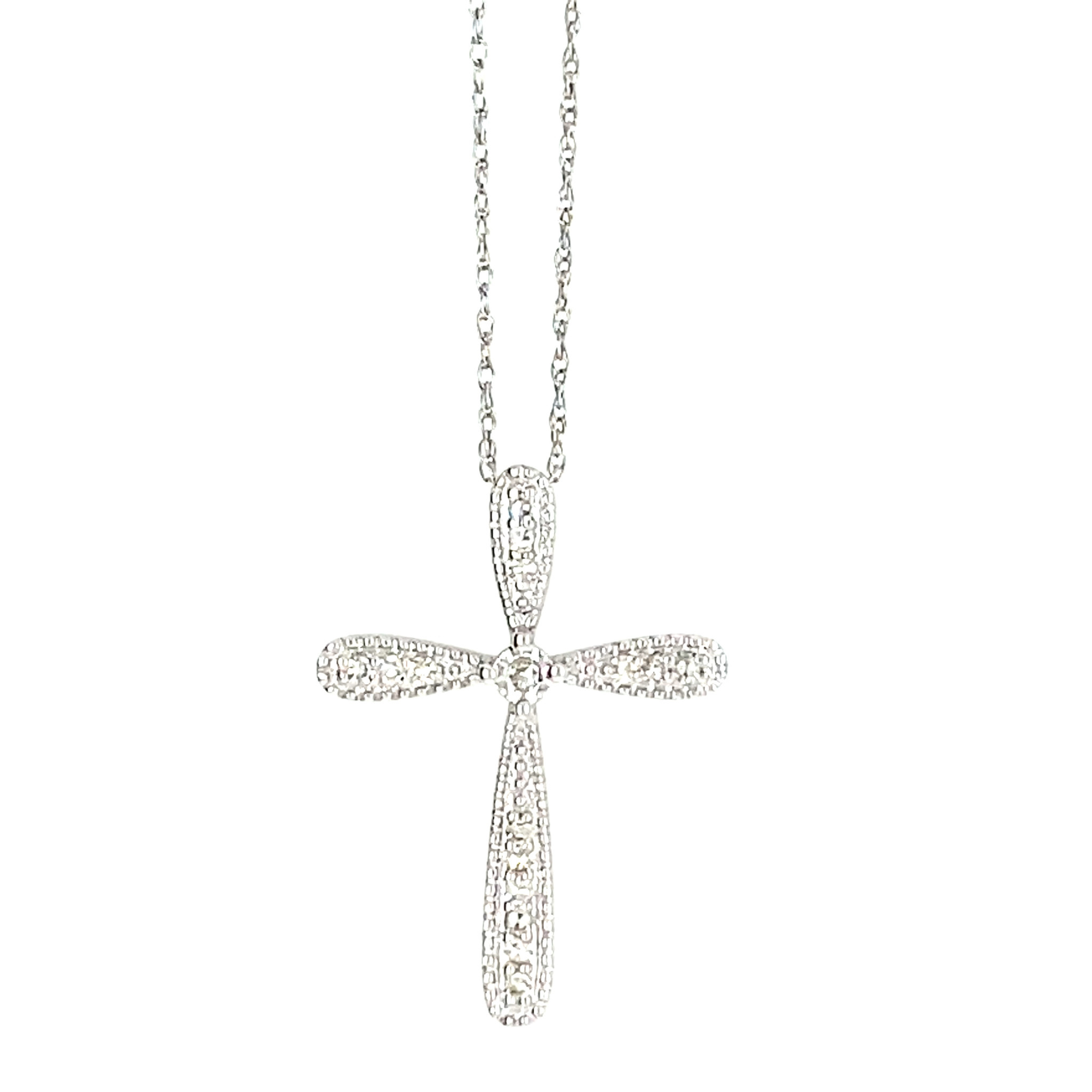 75629 14K WHITE GOLD .12CT DIAMOND BEADED EDGES CROSS