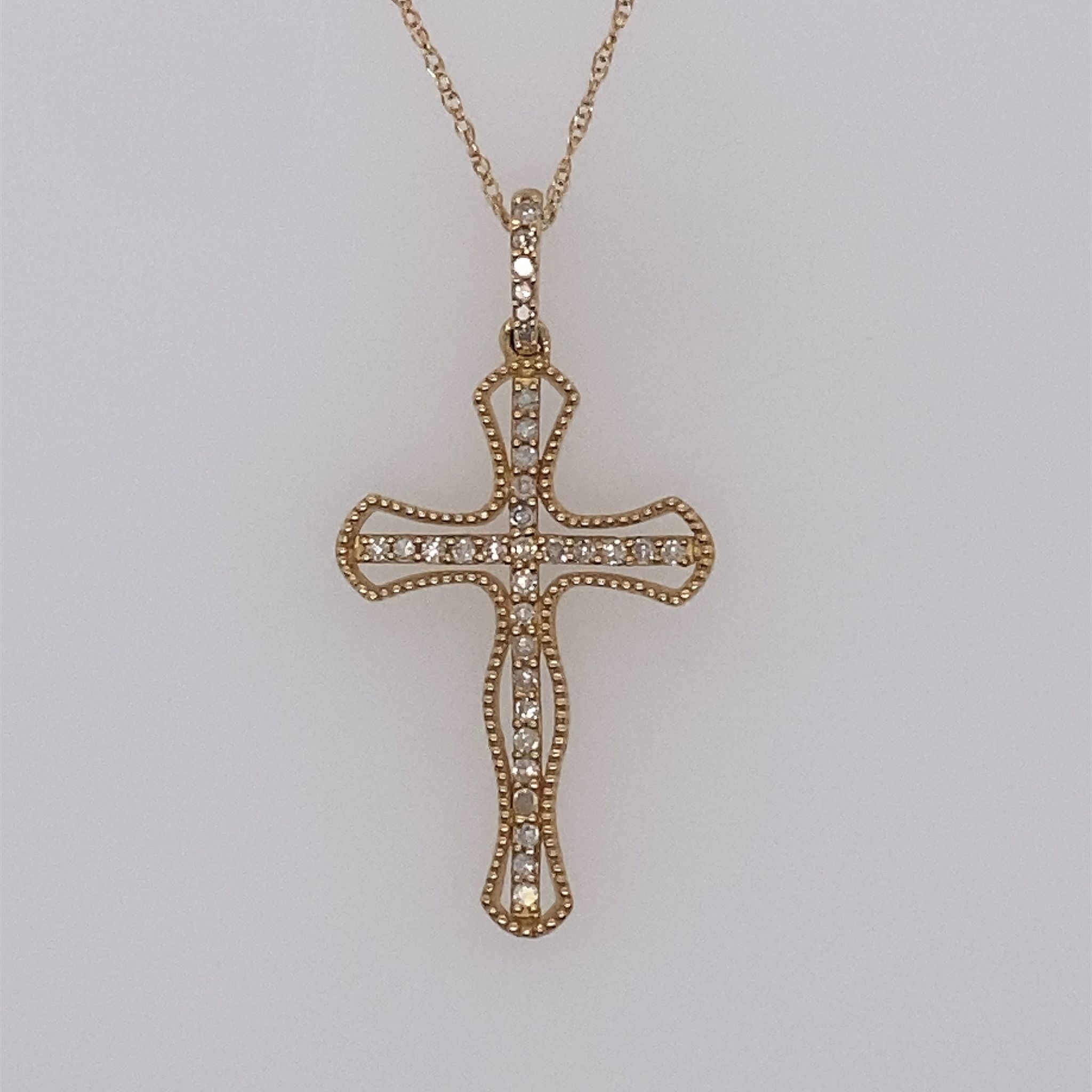 70105 14K YELLOW GOLD .20CT DIAMOND CENTER OPEN BEADED EDGE CROSS PENDANT