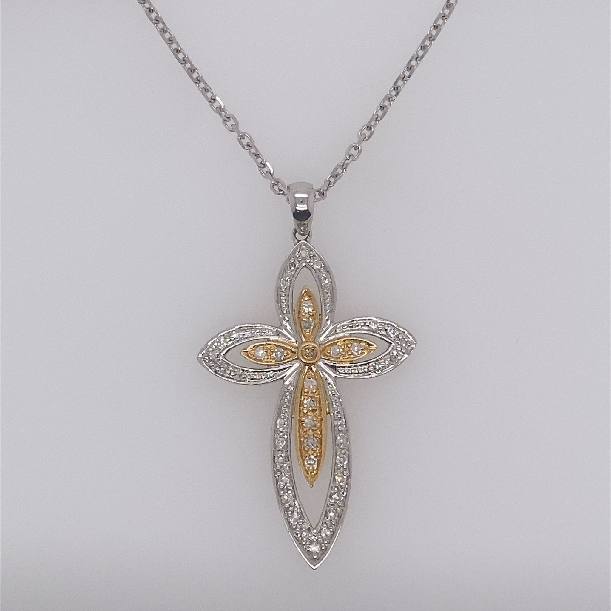 76065 14K 2TONE .22CT DIAMOND DOUBLE LARGE OPEN CROSS PENDANT
