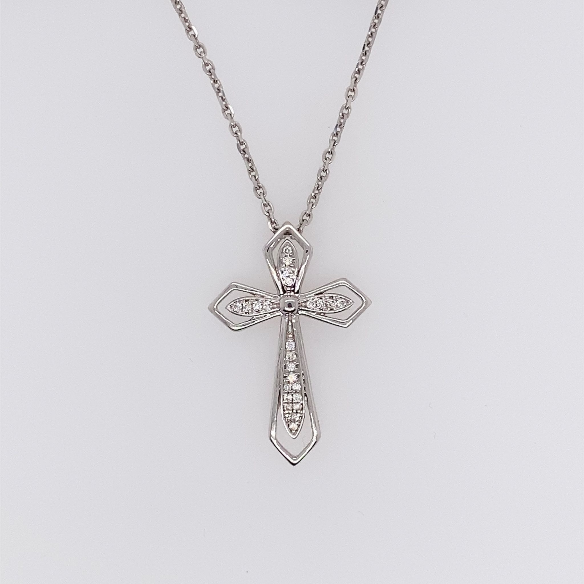 75611 14K WHITE GOLD DIAMOND PAVE CENTER OPEN & HIGH POLISH CROSS PENDNAT