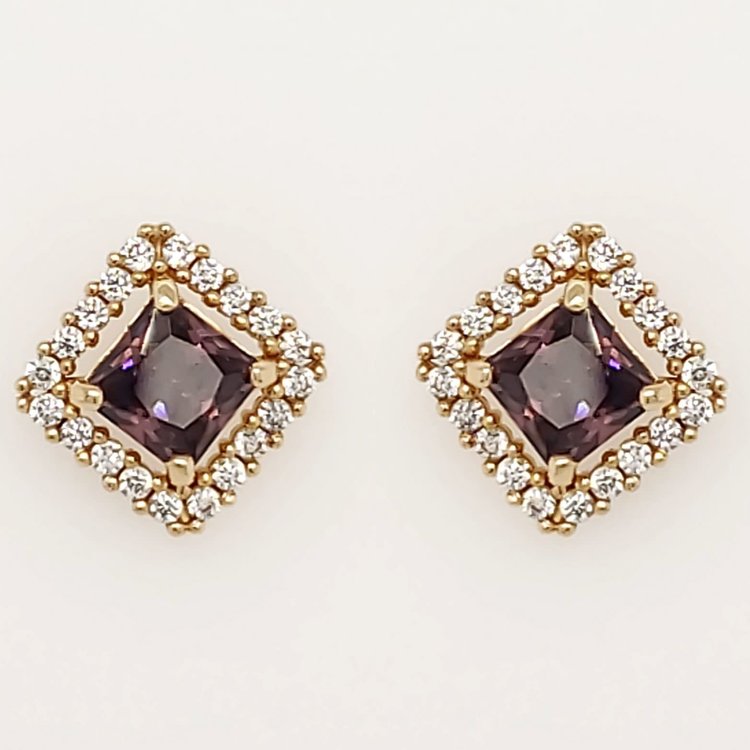 33053 14K YELLOW GOLD PURPLE SQUARE HALO SCREWBACKS