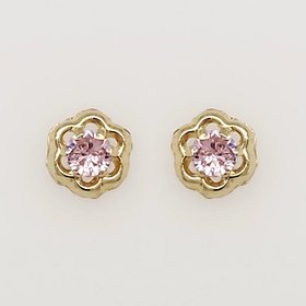 30133 14K YELLOW GOLD PINK GEMSTONE CUBIC ZIRCONIA CENTER OPEN FLOWER SCREWBACKS