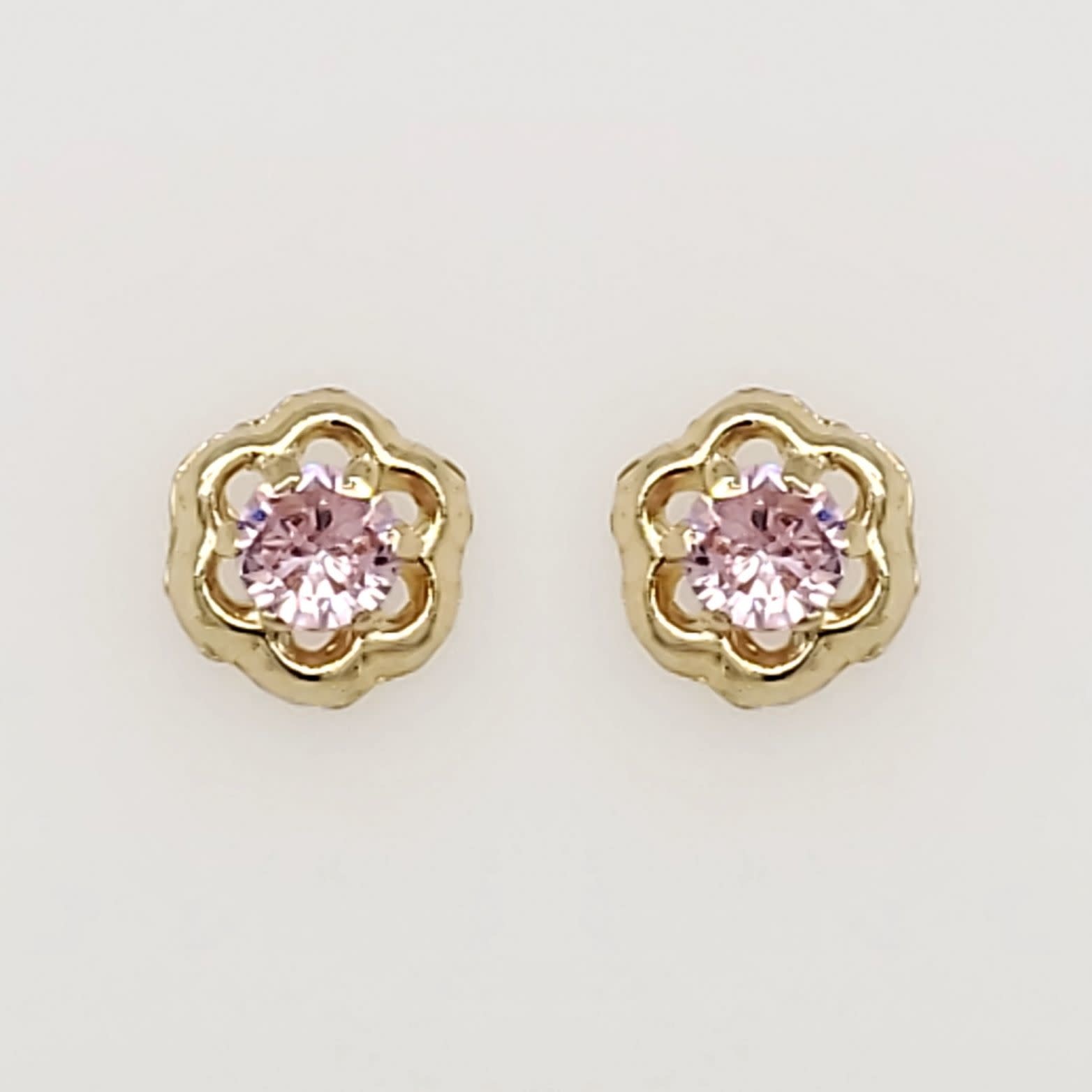 30133 14K YELLOW GOLD PINK GEMSTONE CUBIC ZIRCONIA CENTER OPEN FLOWER SCREWBACKS