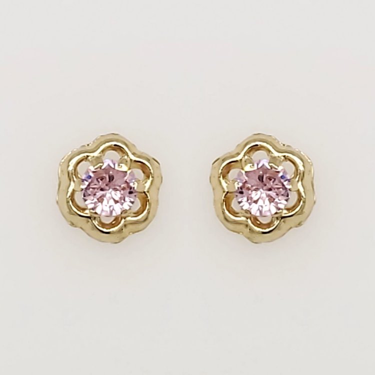 30133 14K YELLOW GOLD PINK GEMSTONE CUBIC ZIRCONIA CENTER OPEN FLOWER SCREWBACKS