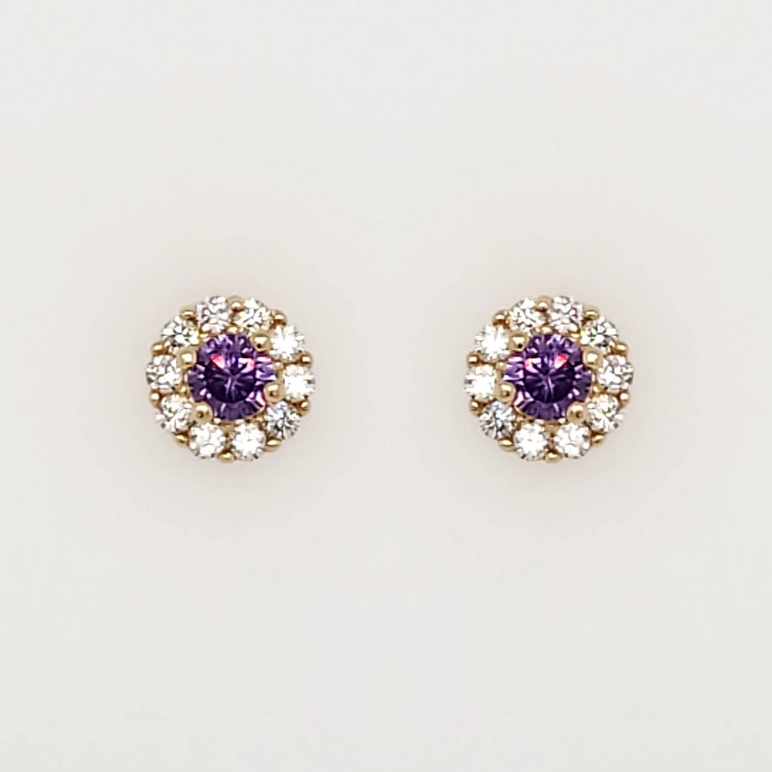 38125 14K YELLOW GOLD PURPLE CENTER WITH CUBIC ZIRCONIA HALO STUDS