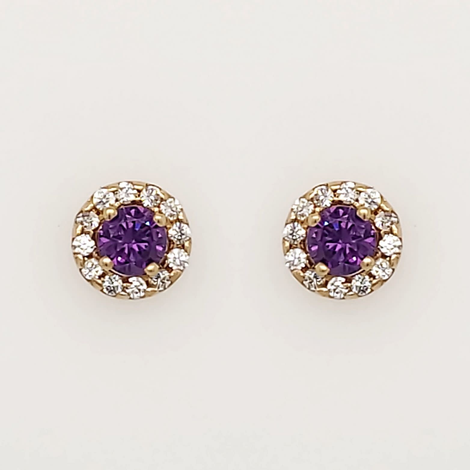 38135 14K YELLOW GOLD CUBIC ZIRCONIA HALO WITH PURPLE CENTER SCREWBACKS