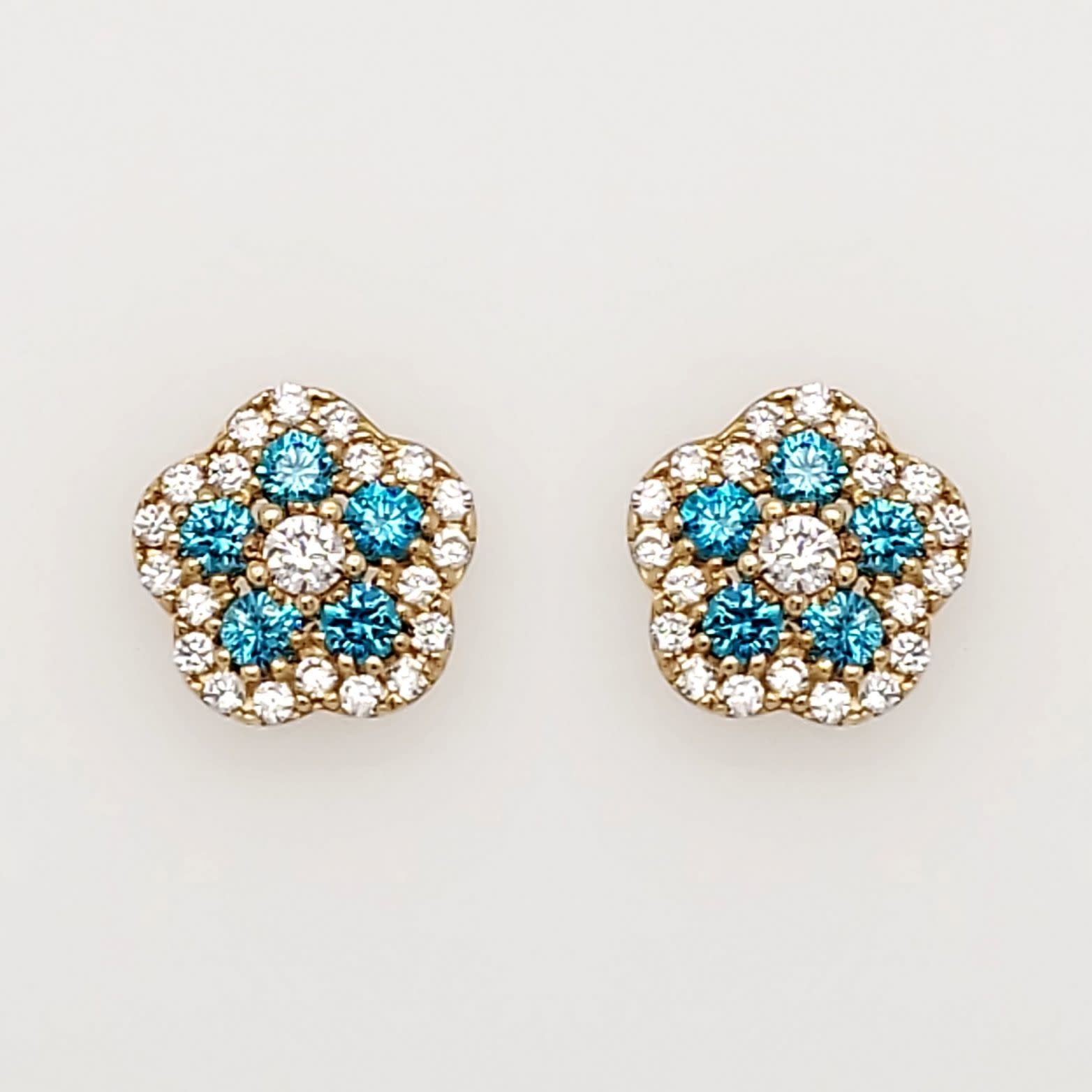 32939 14K YELLO GOLD BLUE CUBIC ZIRCONIA FLOWER SCREWBACKS
