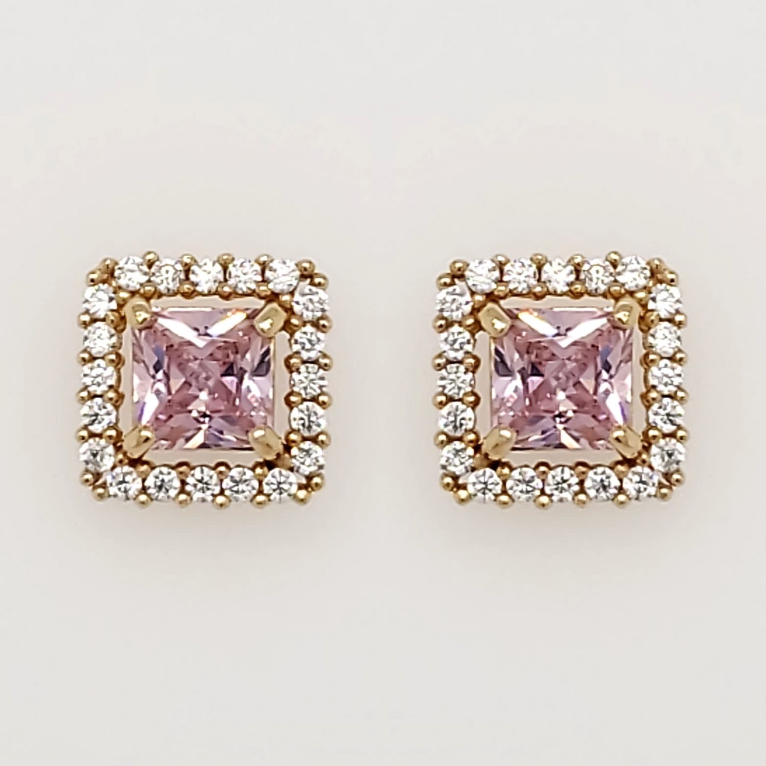 30369 14K YELLOW GOLD PINK SQUARE HALO SCREWBACKS