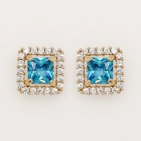 30370 14K YELLOW GOLD 7MM BLUE TOPAZ SQUARE HALO SCREWBACKS