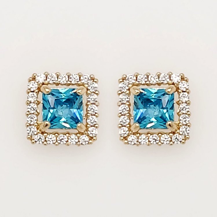 30370 14K YELLOW GOLD 7MM BLUE TOPAZ SQUARE HALO SCREWBACKS