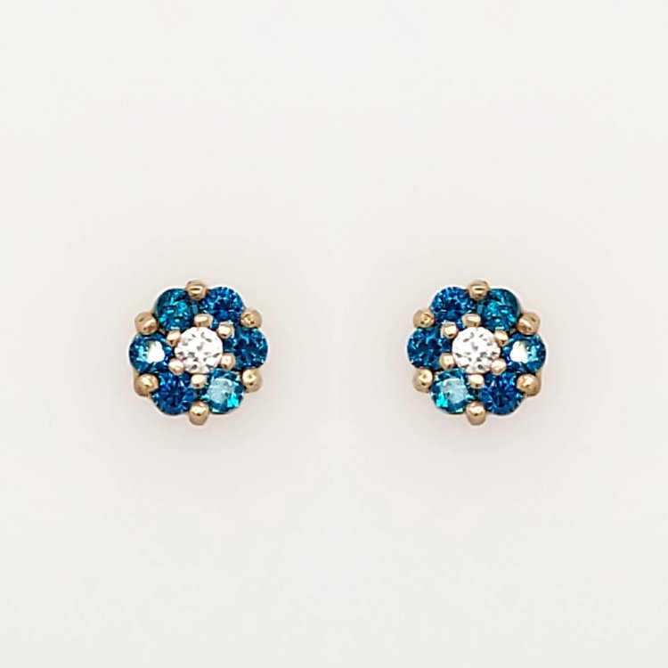 32906 14K YELLOW GOLD BLUE TOPAZ CUBIC ZIRCONIA CLUSTER FLOWER SCREWBACKS