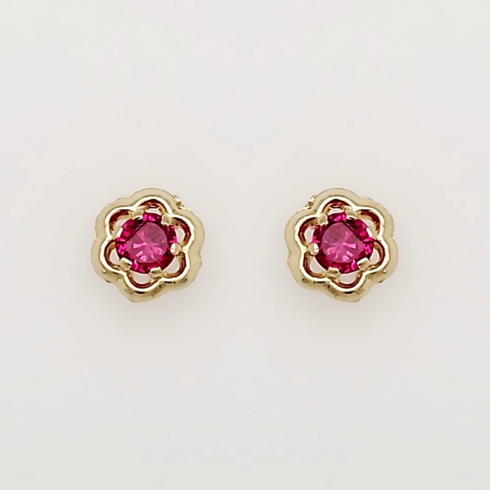 30368 14K YELLOW GOLD RUBY GEMSTONE CUBIC ZIRCONIA CENTER OPEN FLOWER SCREWBACKS