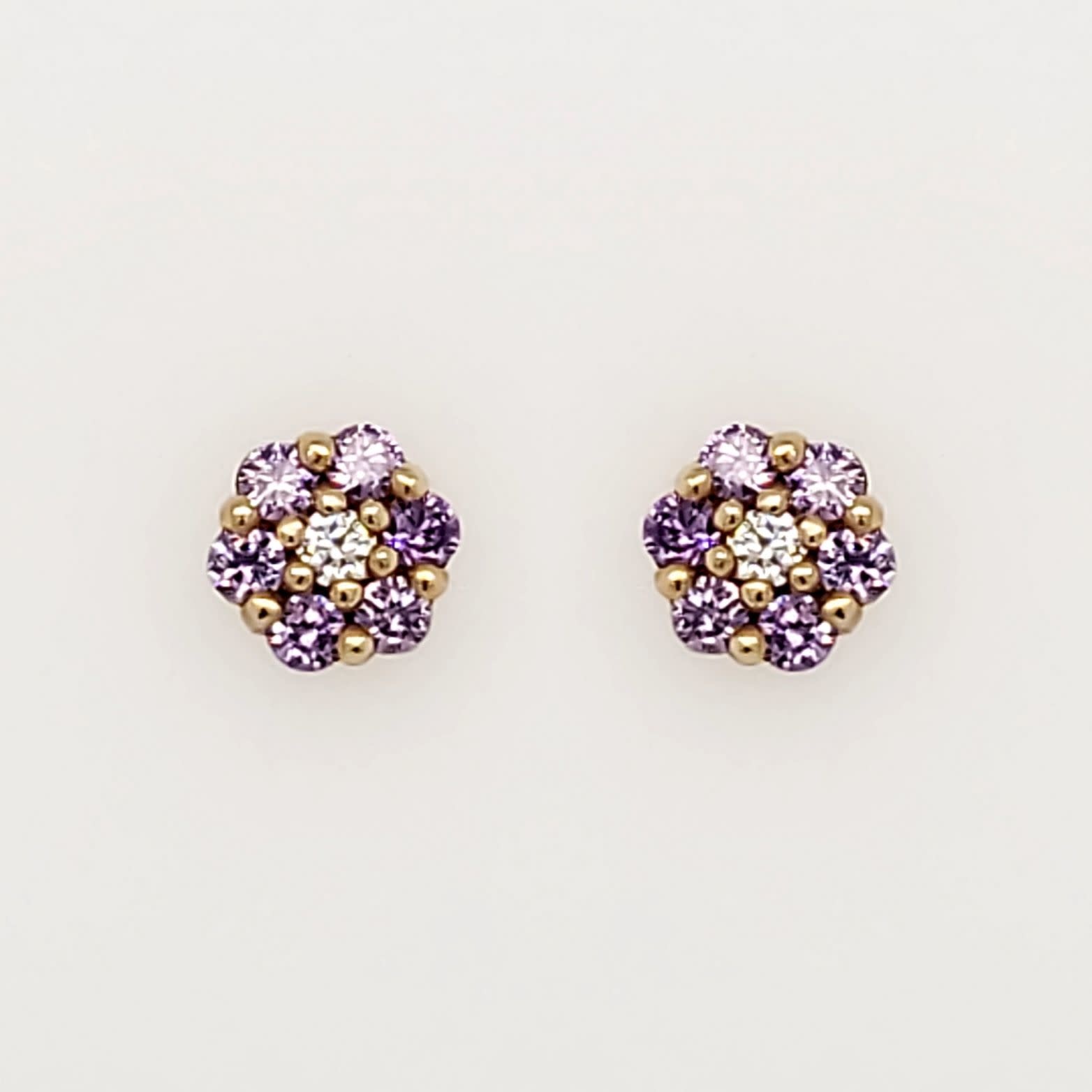 32935 14K YELLOW GOLD PURPLE CUBIC ZIRCONIA CLUSTER FLOWER SCREWBACKS