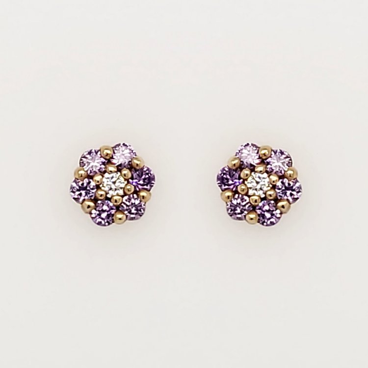 32935 14K YELLOW GOLD PURPLE CUBIC ZIRCONIA CLUSTER FLOWER SCREWBACKS