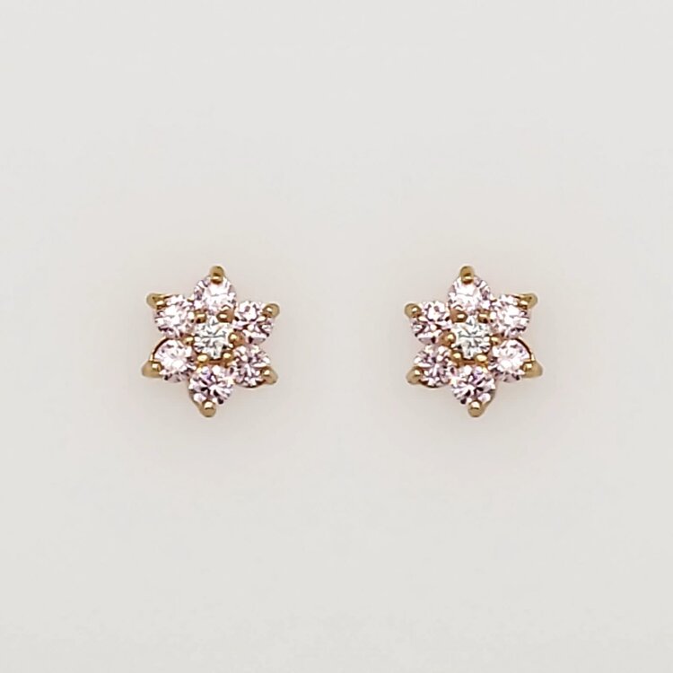 38133 14K YELLOW GOLD FLOWER PINK CUBIC ZIRCONIA SCREWBACK STUDS