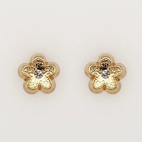 30233 14K YELLOW GOLD TEXTURED FLOWER CUBIC ZIRCONIA CENTER BABY SCREW BACK STUDS