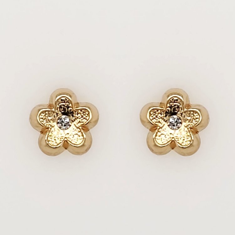 30233 14K YELLOW GOLD TEXTURED FLOWER CUBIC ZIRCONIA CENTER BABY SCREW BACK STUDS