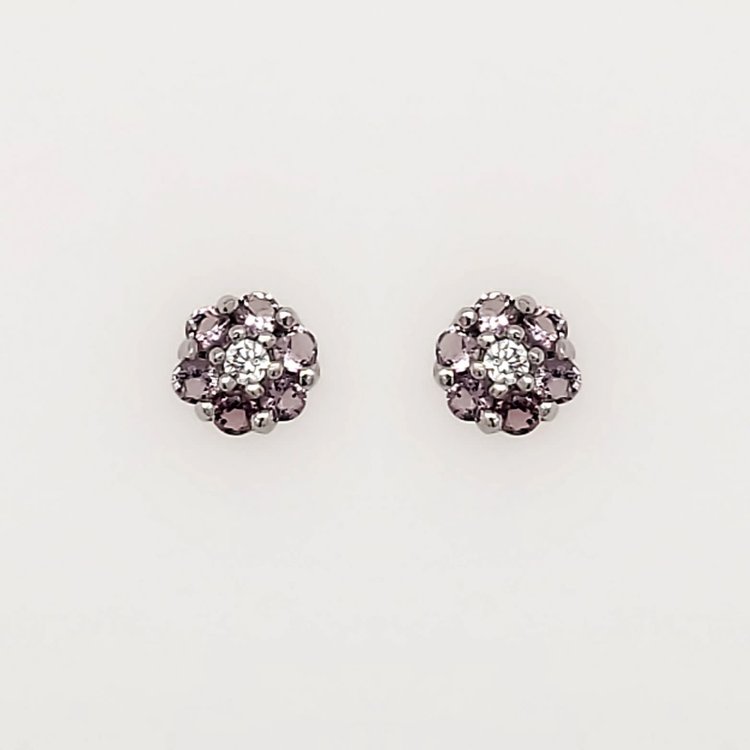 32904 14K WHITE GOLD LIGHT PURPLE CUBIC ZIRCONIA CLUSTER FLOWER PUSH BACKS