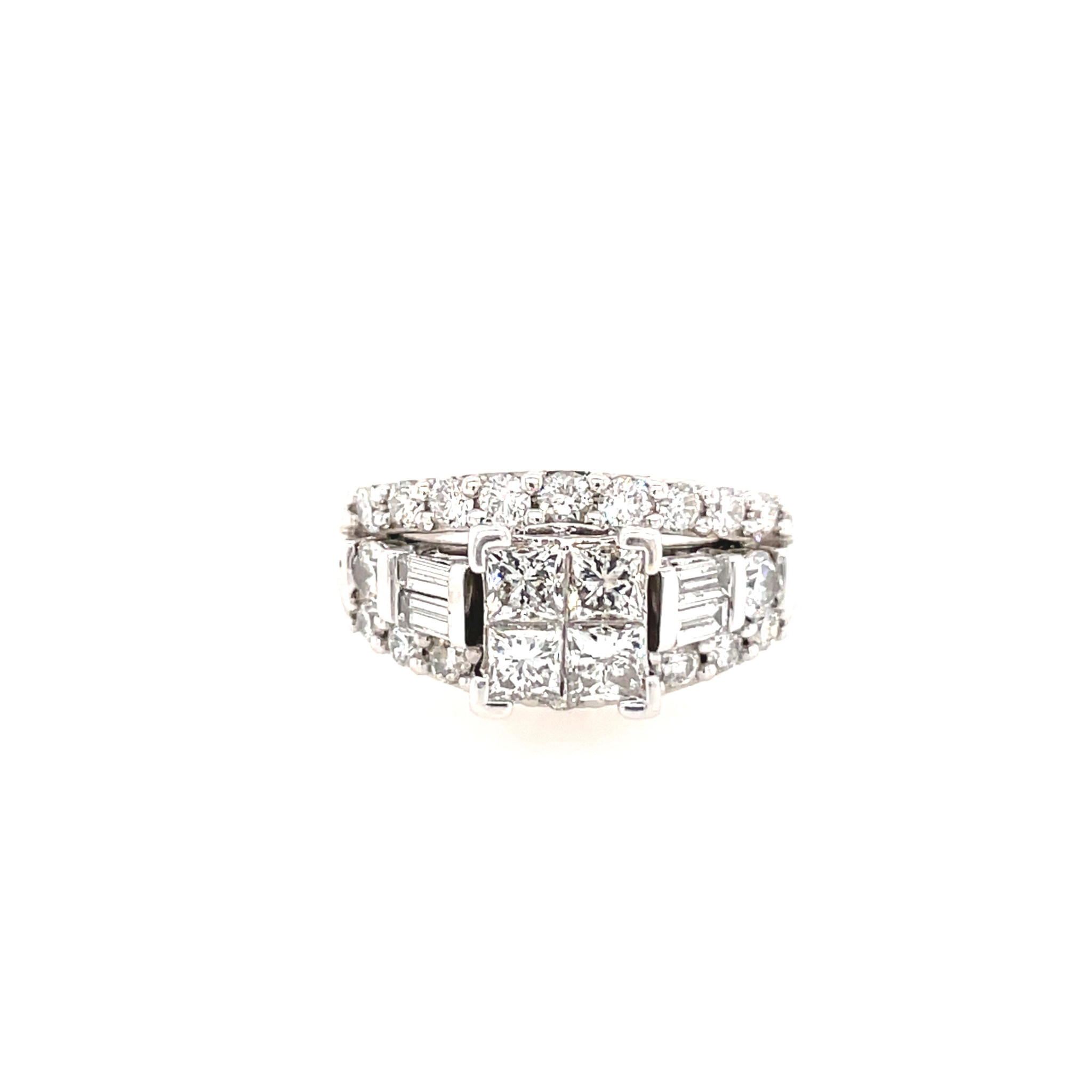 40887 14K WHITE GOLD 1 CT DIAMOND PRINCESS CUT INVISIBLE SET CENTER AND BAGUETTE AND ROUND DIAMOND 3 ROW SHANK ENGAGEMENT RING