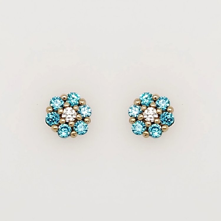 30371 14K YELLOW GOLD BABY BLUE CUBIC ZIRCONIA CLUSTER FLOWER SCREWBACKS