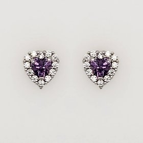30374 14K WHITE GOLD 5.4MM CUBIC ZIRCONIA PURPLE CENTER WITH HALO HEARTS SCREWBACKS