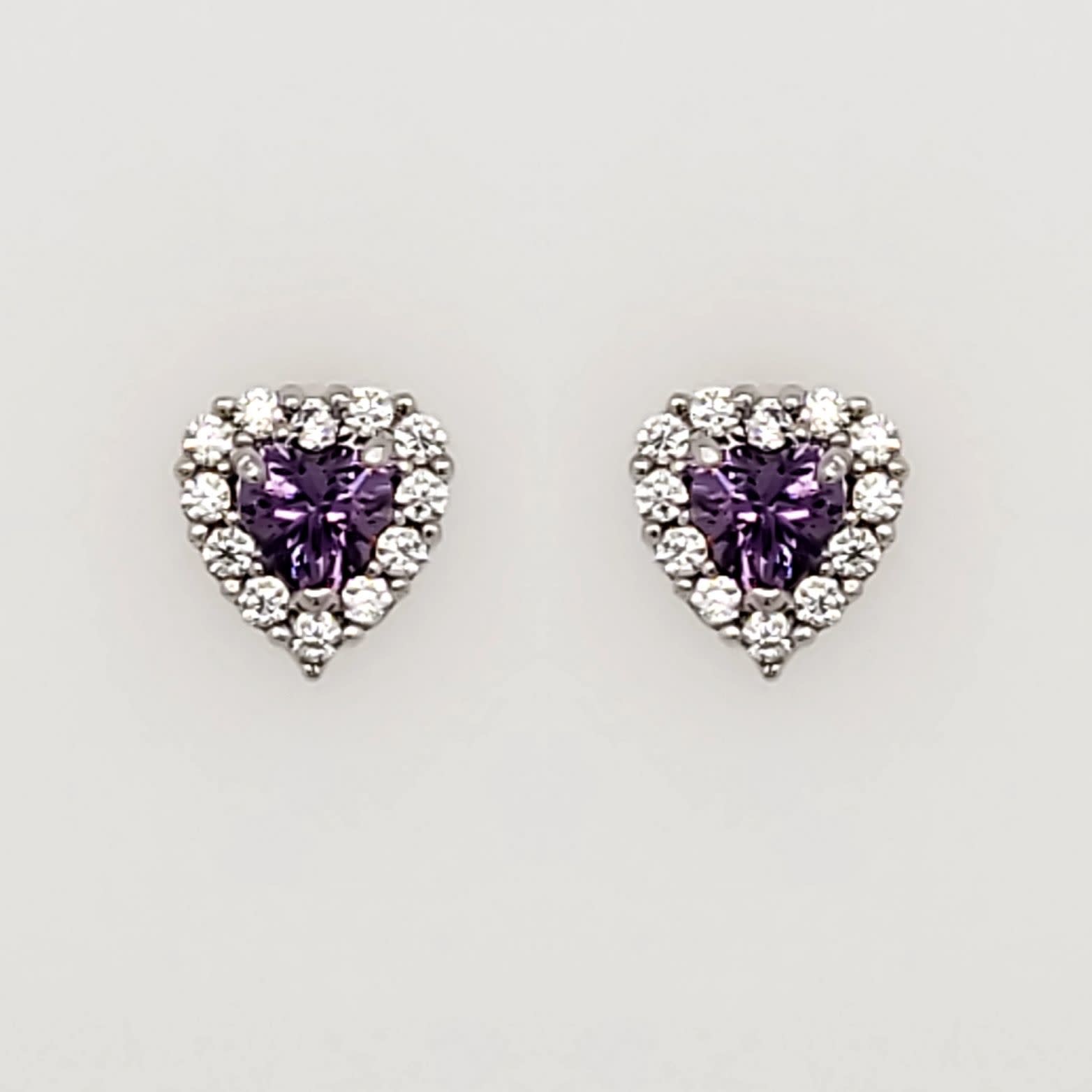 30374 14K WHITE GOLD CUBIC ZIRCONIA PURPLE CENTER WITH HALO HEARTS SCREWBACKS