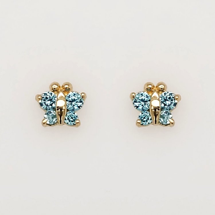 32945  14K YELLOW GOLD BLUE TOPAZ CUBIC ZIRCONIA SMALL BUTTERFLY SCREWBACKS