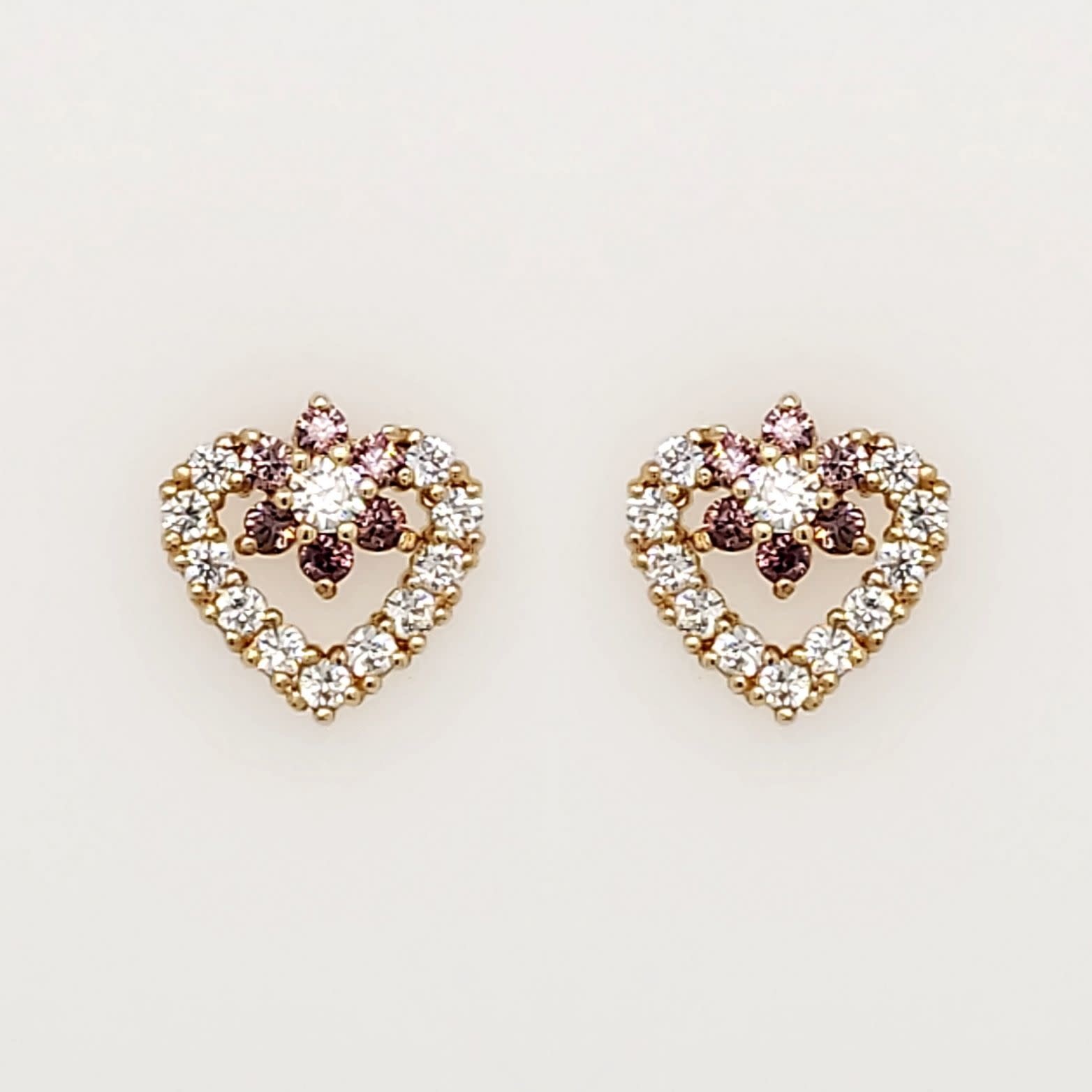 30366 14K YELLOW GOLD PURPLE CUBIC ZIRCONIA FLOWER & OPEN HEART SCREWBACKS