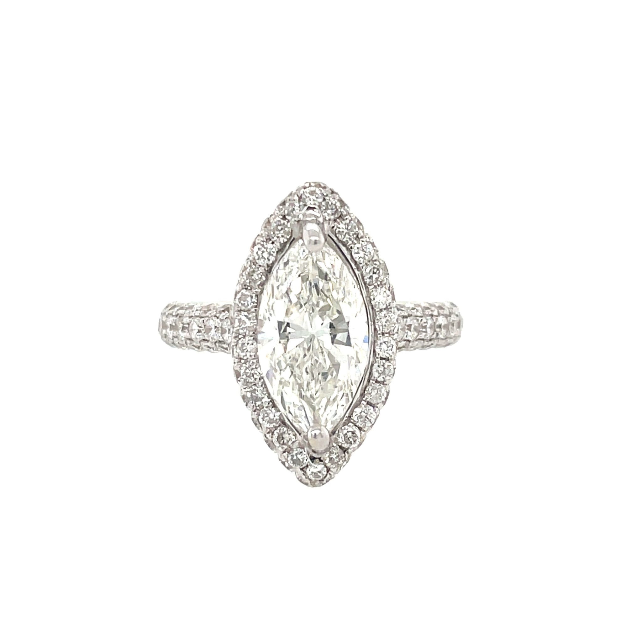 47653 14K WHITE GOLD 3.08 CT I SI2 MARQUIS DIAMOND CENTER HALO ENGAGEMENT RING