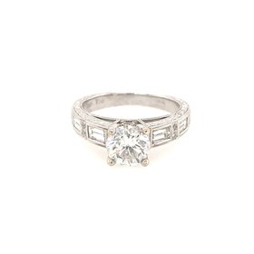 40809 18K WHITE GOLD 1.13 CT ROUND CENTER DIAMOND .40TCW BAGUETTE MILGRAIN FLORAL CATHEDRAL DESIGN ENGAGEMENT RING