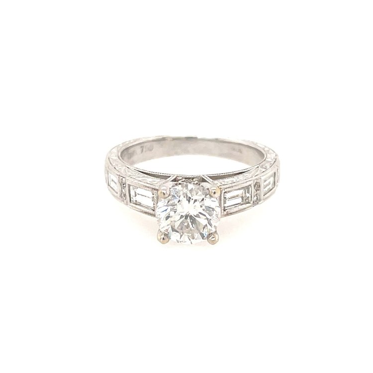 40809 18K WHITE GOLD 1.13 CT ROUND CENTER DIAMOND .40TCW BAGUETTE MILGRAIN FLORAL CATHEDRAL DESIGN ENGAGEMENT RING