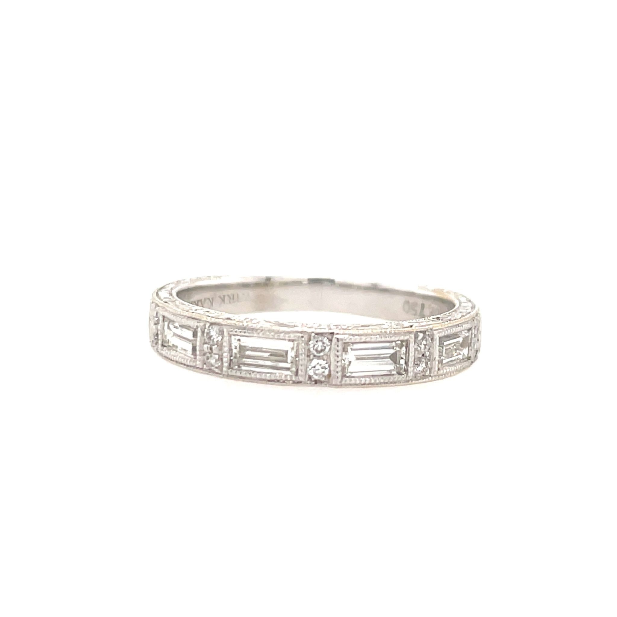 40810 18K WHITE GOLD .50TCW DIAMOND BAGUETTE MILGRAIN FLORAL ANTIQUE DESIGN WEDDING BAND