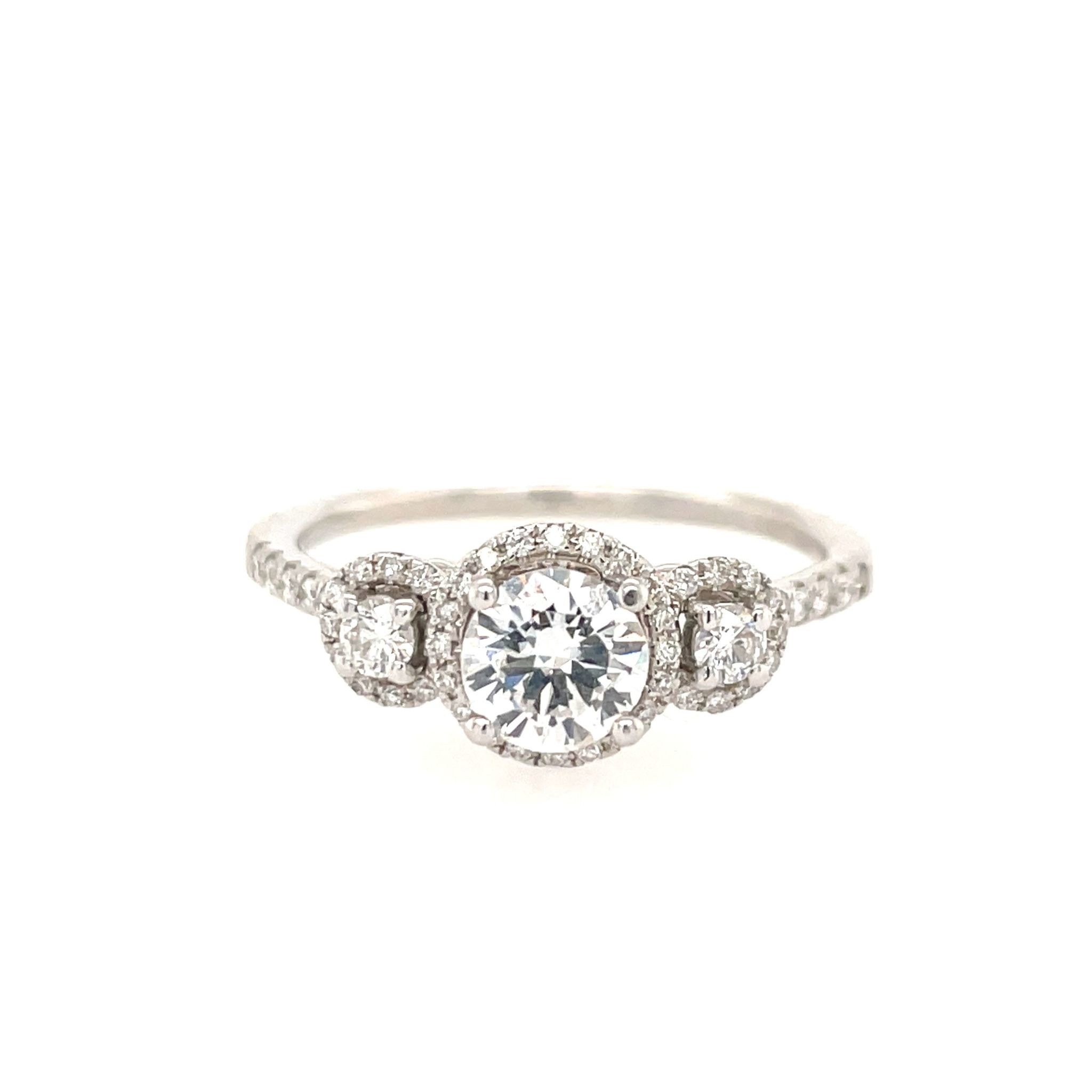 475200 18K WHITE GOLD .58TCW ROUND DIAMOND CENTER WITH HALO .30TCW PAST PRESENT FUTURE DESIGN ENGAGEMENT RING