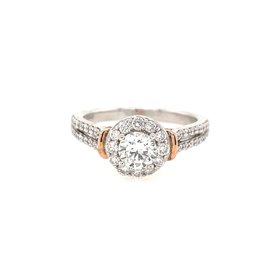475009 14K 2 TONE 1 CT ROUND DIAMOND CENTER WITH HALO AND DOUBLE ROW CARRIAGE DESIGN ENGAGEMENT RING
