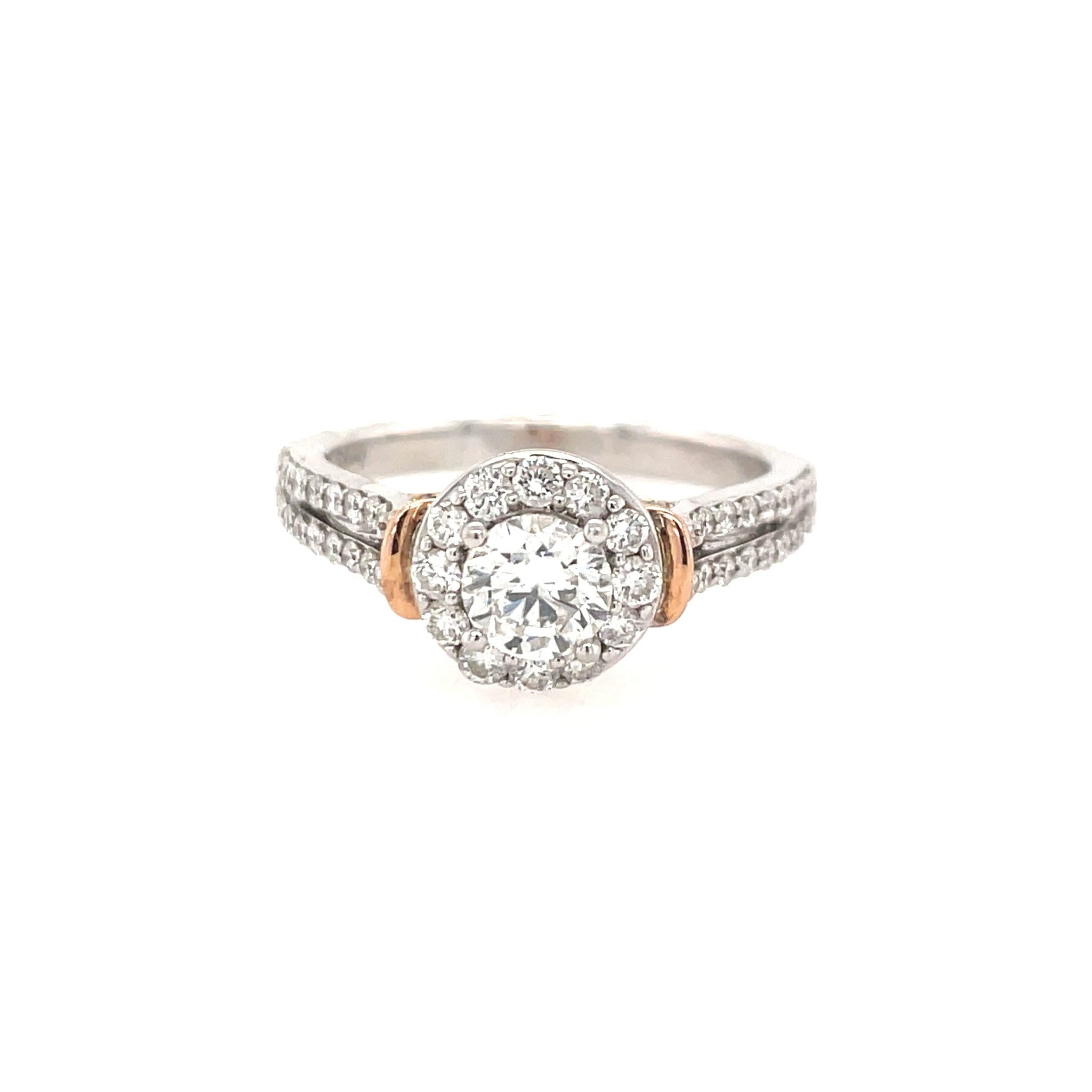 475009 14K 2 TONE 1 CT ROUND DIAMOND CENTER WITH HALO AND DOUBLE ROW CARRIAGE DESIGN ENGAGEMENT RING