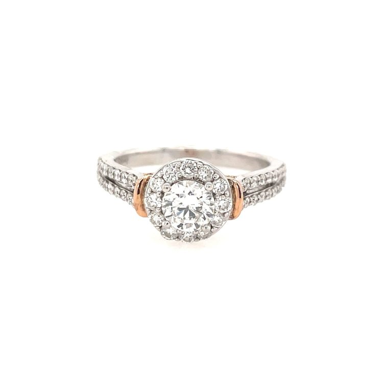 475009 14K 2 TONE 1 CT ROUND DIAMOND CENTER WITH HALO AND DOUBLE ROW CARRIAGE DESIGN ENGAGEMENT RING