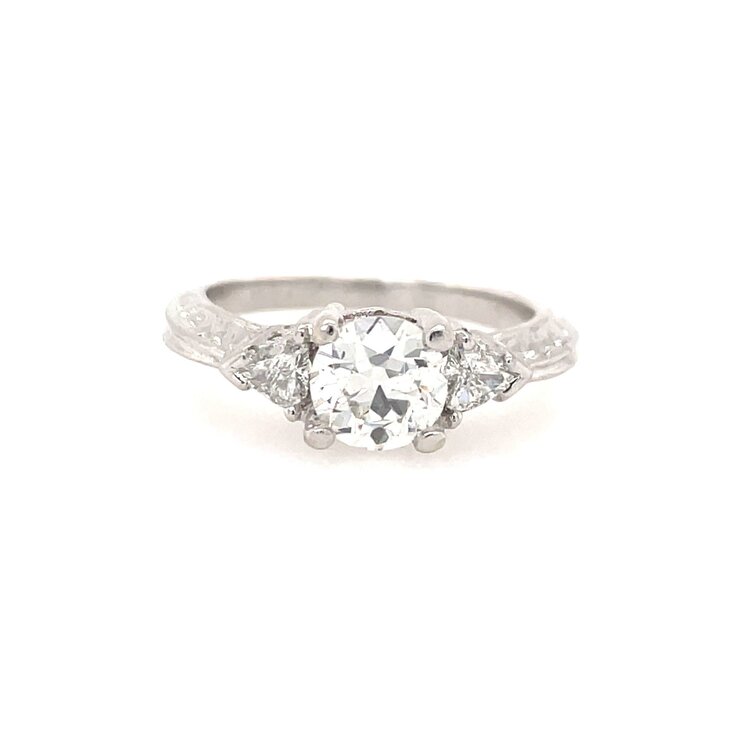47559 18K WHITE GOLD .83TCW ROUND CENTER DIAMOND AND .25TCW TRILLION DIAMOND CATHEDRAL DESIGN ENGAGEMENT RING