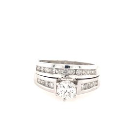 47643 14K WHITE GOLD .56TCW ROUND CENTER DIAMOND AND .40TCW CHANNEL SET MATCHING BAND RING SET