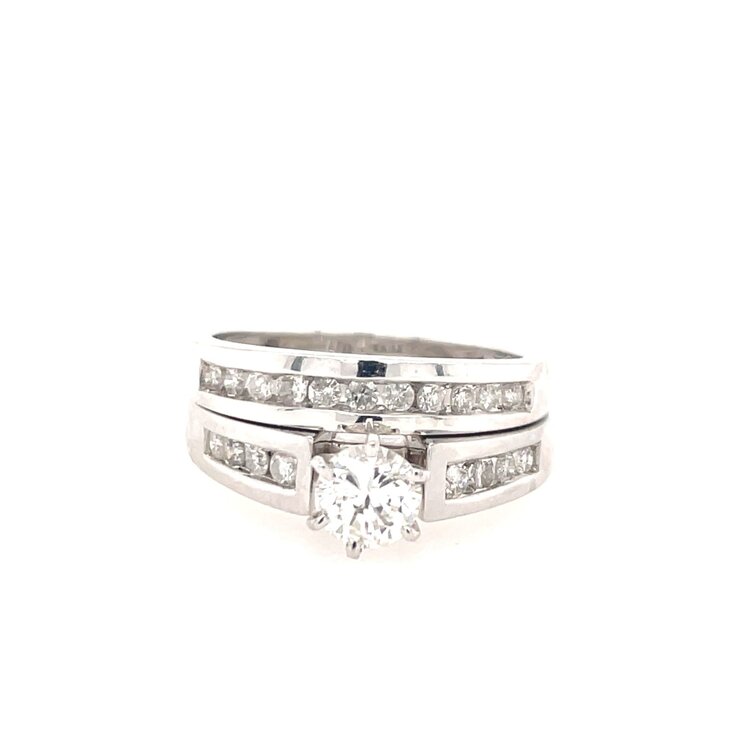 47643 14K WHITE GOLD .56TCW ROUND CENTER DIAMOND AND .40TCW CHANNEL SET MATCHING BAND RING SET