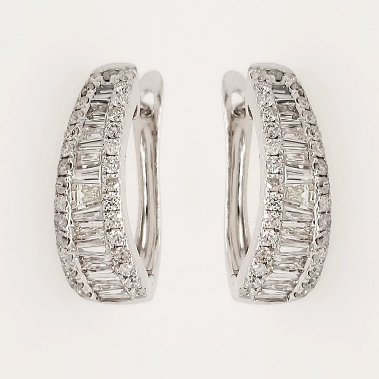 30381 14K WHITE GOLD 1.90CT DIAMOND BAGUETTE  CHANNEL SET  ROUND DIAMOND EDGES  EUROPEAN LOCK EARRINGS