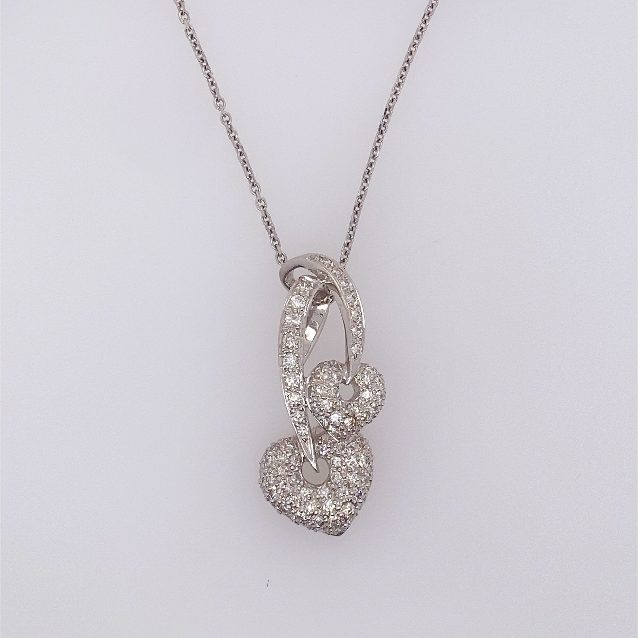 71151 18K WHITE GOLD .75CT DIAMOND PAVE HANGING DOUBLE HEART PENDENT