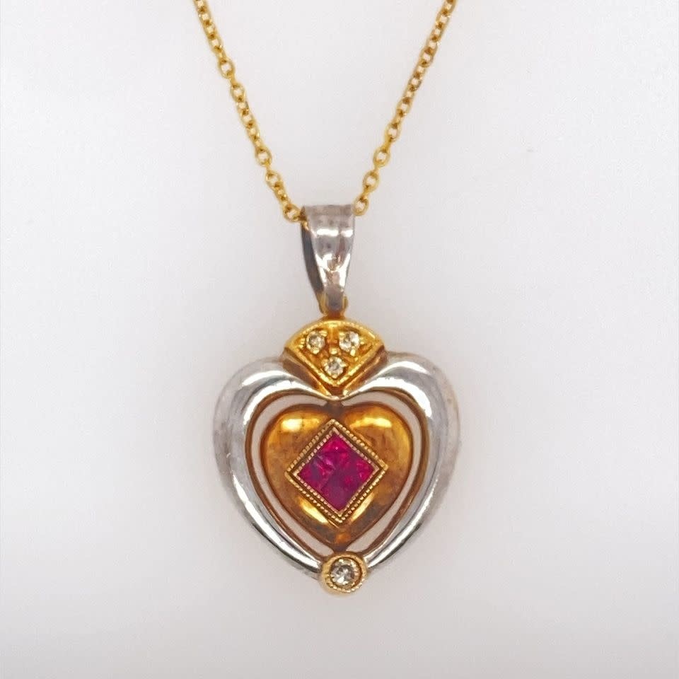 70577 14K TWO TONES .12CT DIAMOND & RUBY REVERSIBLE HEART PENDANT