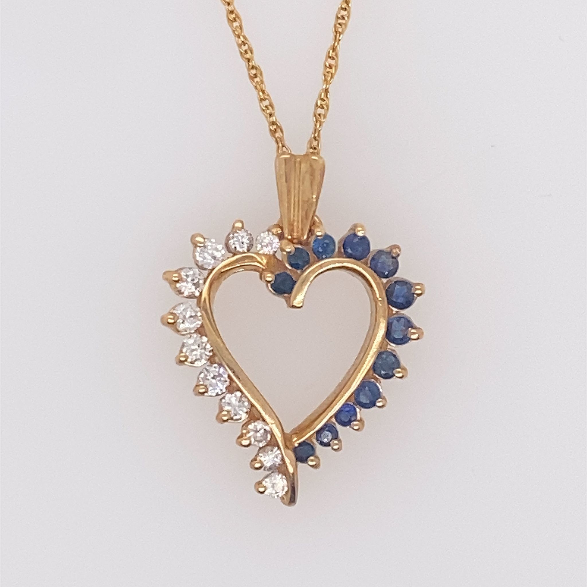 70912 14K YELLOW GOLD HALF DIAMOND & SAPPHIRE OPEN HEART PENDANT