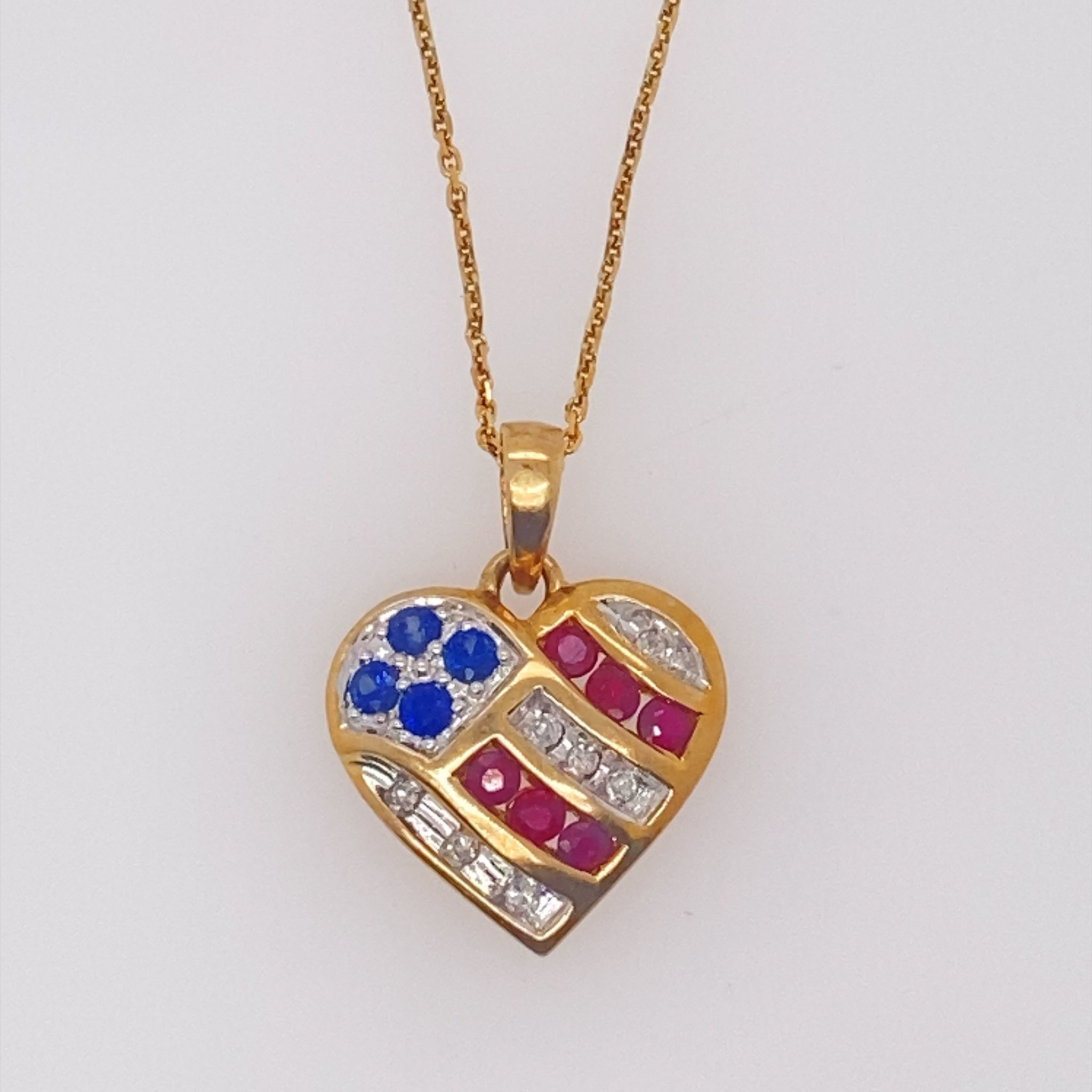 71022 10K YELLOW GOLD SAPPHIRE RUBY & DIAMOND HEART PENDANT