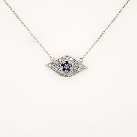 70115 14K WHITE GOLD .22CTW DIAMOND AND SAPHIRE EVIL EYE ON 18" CABLE CHAIN NECKLACE