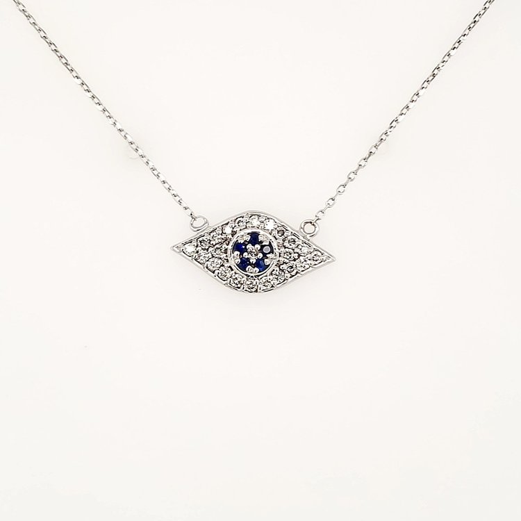 70115 14K WHITE GOLD .22CTW DIAMOND AND SAPHIRE EVIL EYE ON 18" CABLE CHAIN NECKLACE