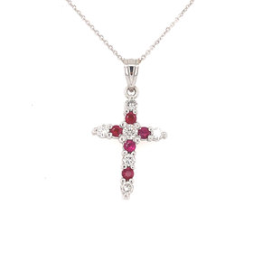 76035 14K WHITE GOLD DIAMOND AND RUBY COMMON PRONG CROSS PENDANT