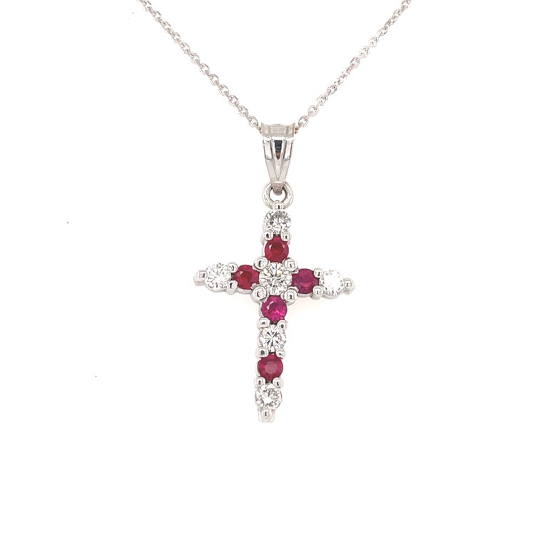 76035 14K WHITE GOLD DIAMOND AND RUBY COMMON PRONG CROSS PENDANT